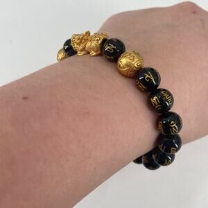 Gold Feng shui obsidian beaded stretchy bracelet